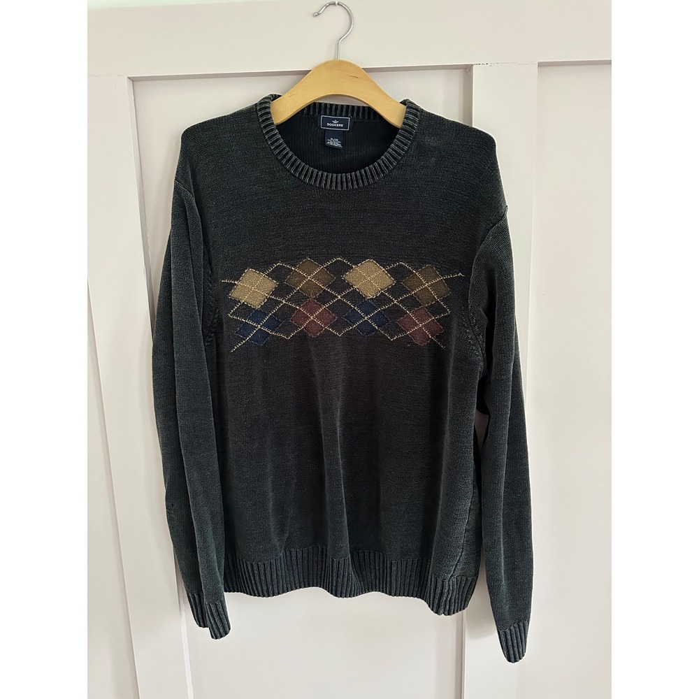 Dockers Mens XL Argyle Crewneck Sweater Black Faded 100% Cotton Sweater Knit